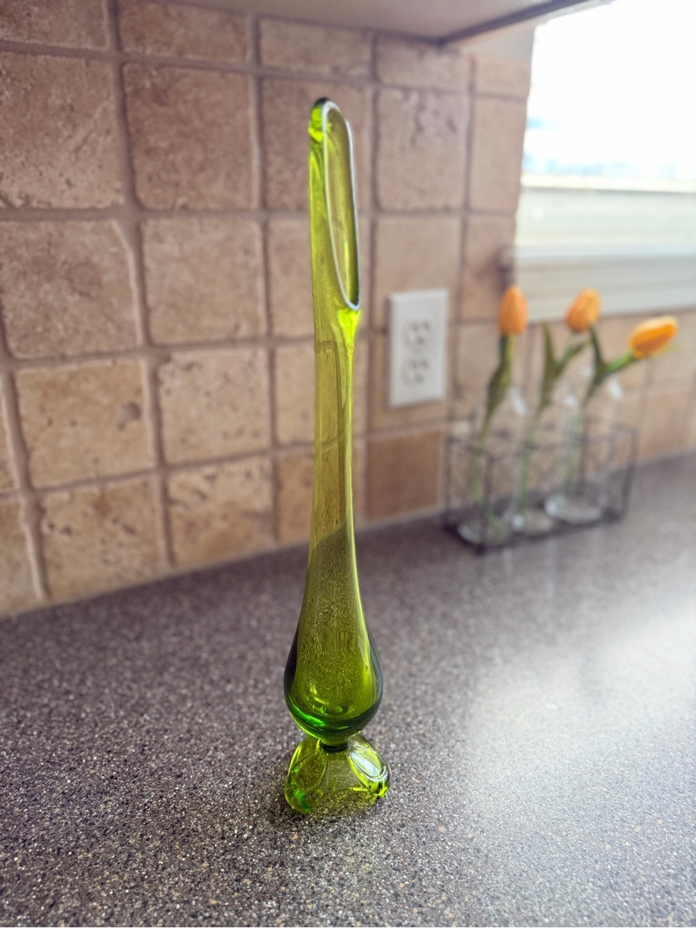 Vintage Avocado Green Swung Glass Vase 14” MCM 3 Toe Footed Art Glass